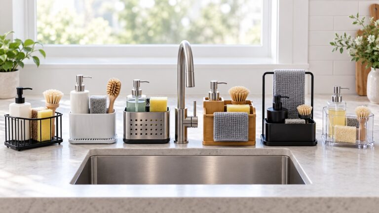 Six sink counter organizers are arranged neatly around a modern kitchen sink.