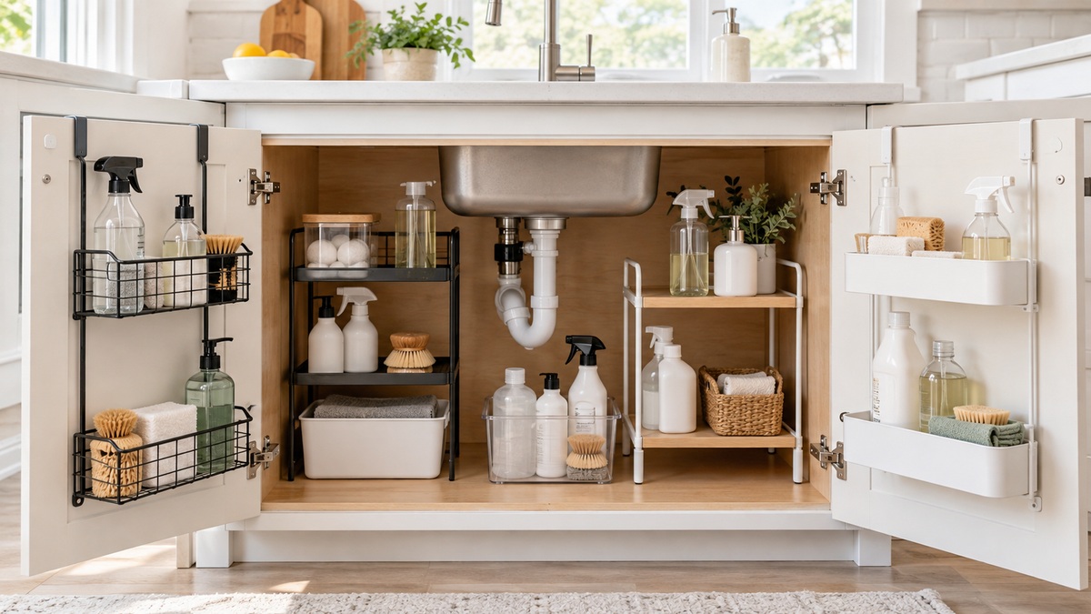 Door-mounted baskets and under-sink shelves organize supplies in a bright kitchen cabinet.