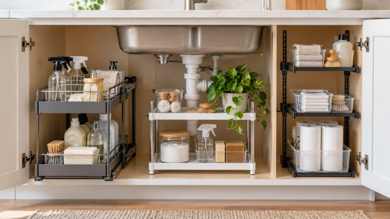 Pull-out and tiered under-sink organizers fill a bright kitchen cabinet.