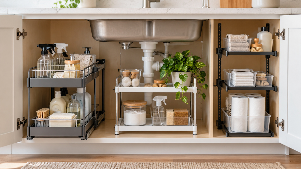 Pull-out and tiered under-sink organizers fill a bright kitchen cabinet.