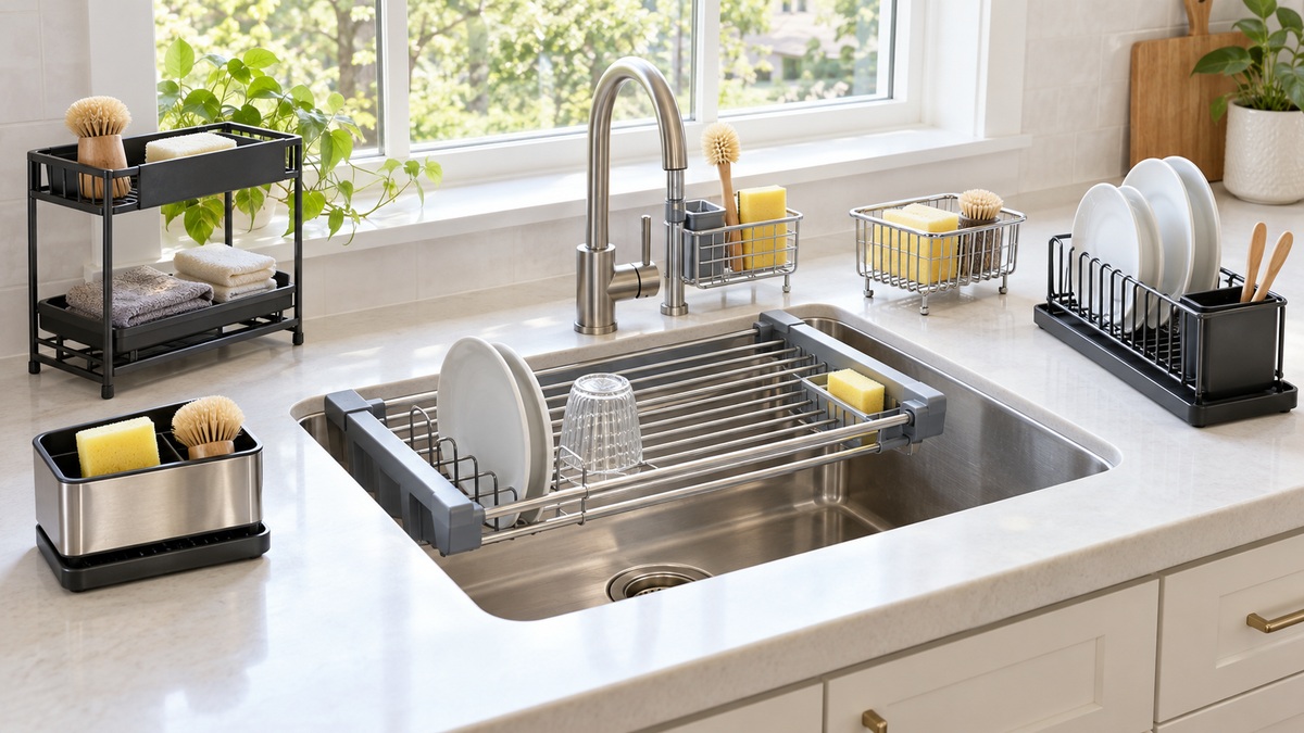 Six sink storage rack configurations organize sponges and dishes around a bright kitchen sink.