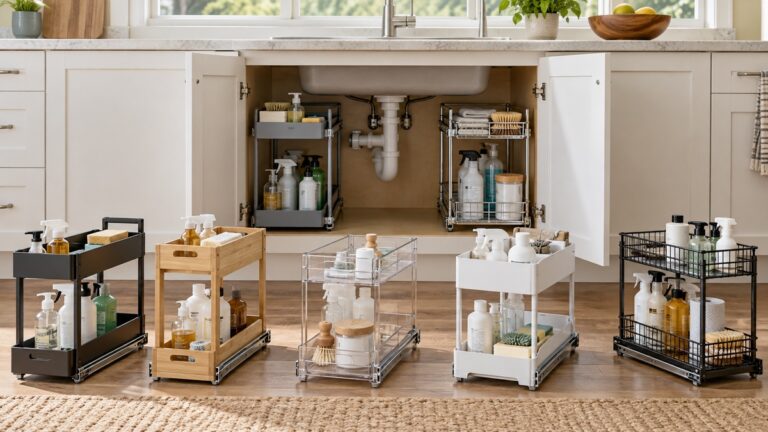 Six slide-out under-sink organizers arranged beside an open kitchen sink cabinet.