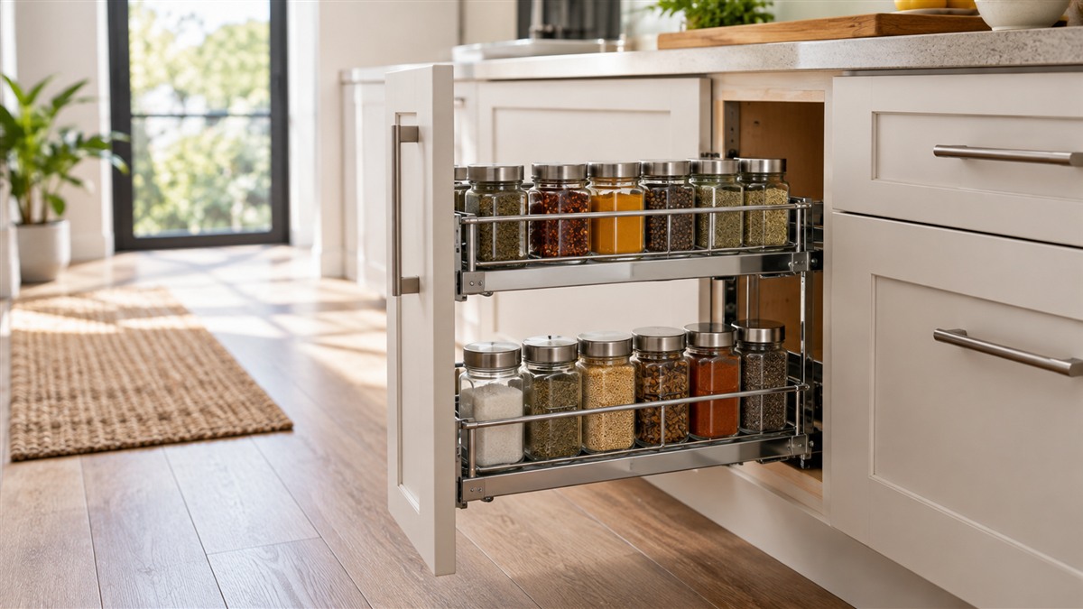 A two-tier pull-out organizer sliding out from a kitchen base cabinet, with spice jars standing on its baskets.