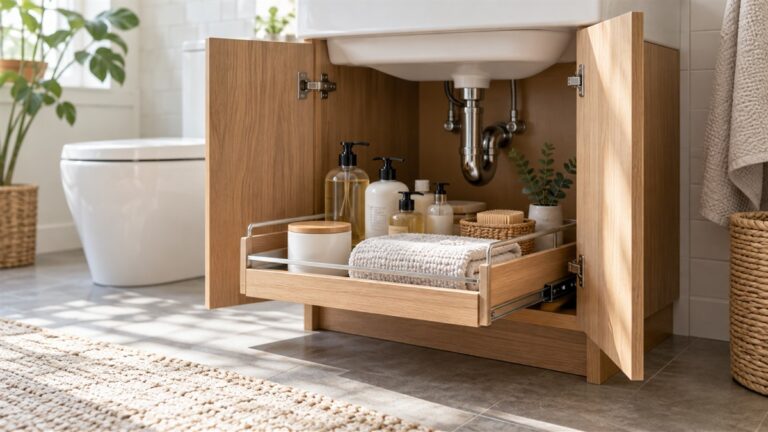 An open cabinet under a small bathroom sink with a pull-out organizer holding bottles and a neatly folded towel.