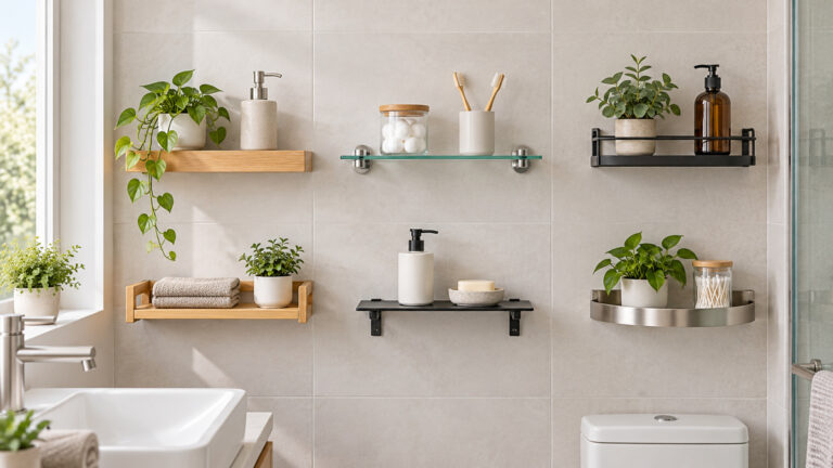 Six small bathroom wall shelves in varied materials arranged on a bright tiled wall.