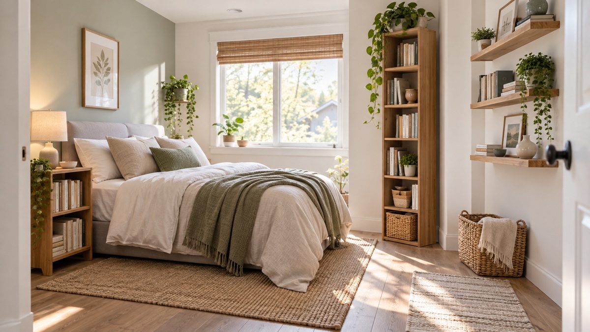 Slim and wall-mounted bookshelves arranged in a bright compact bedroom.