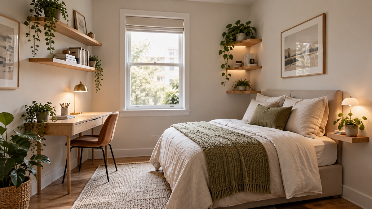 Space-saving floating corner and bedside shelves in a cozy small bedroom.