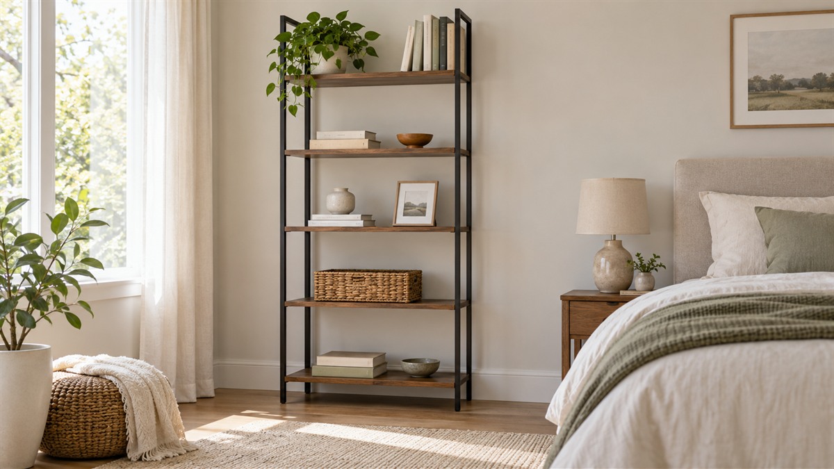 A slim five-tier bookcase against a bedroom wall with a few books and a small plant on the top shelf.