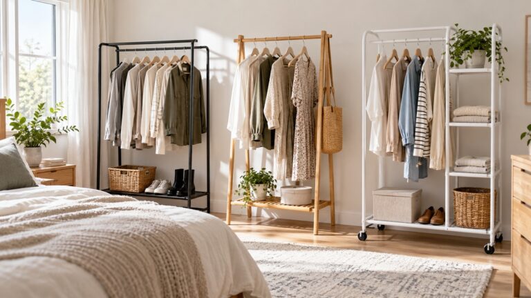 Compact clothes racks with neatly hung garments stand in a bright small bedroom.