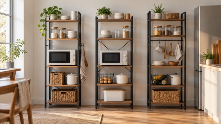 Three compact baker's racks compared in a bright small kitchen.