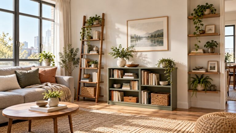 Several space-saving bookshelf styles arranged in a bright compact living room.