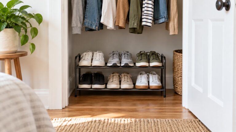 A low 2-tier metal shoe rack filled with sneakers sitting on a small reach-in closet floor under hanging clothes.