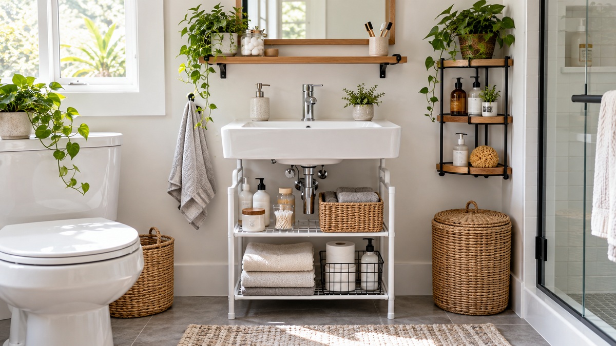 Space-saving organizers and shelves arranged around a small bathroom sink.