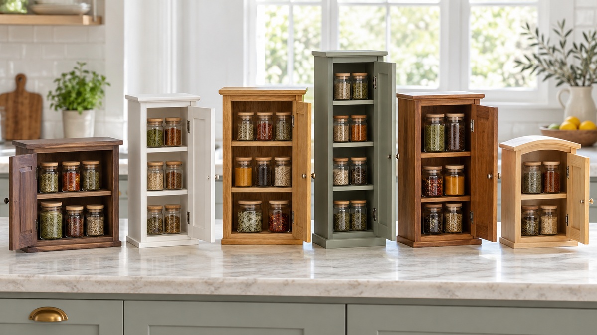 Six small spice cabinets with different sizes and finishes stand on a bright kitchen counter.