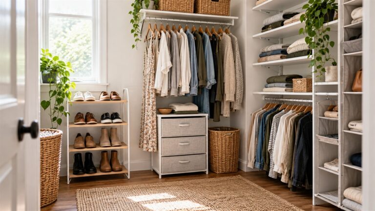 A bright walk-in closet with open organizers, hanging clothes, shoes, and baskets.