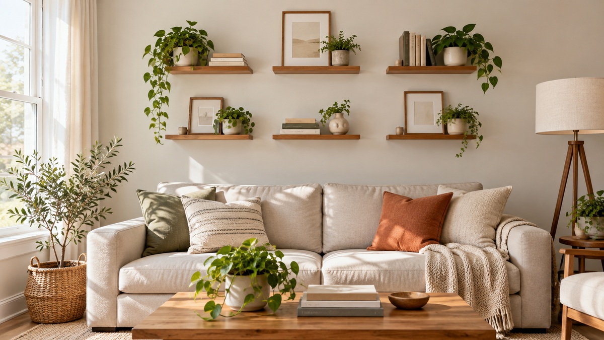 Six small wall shelves mounted in a bright living room above a sofa with books, frames and plants.