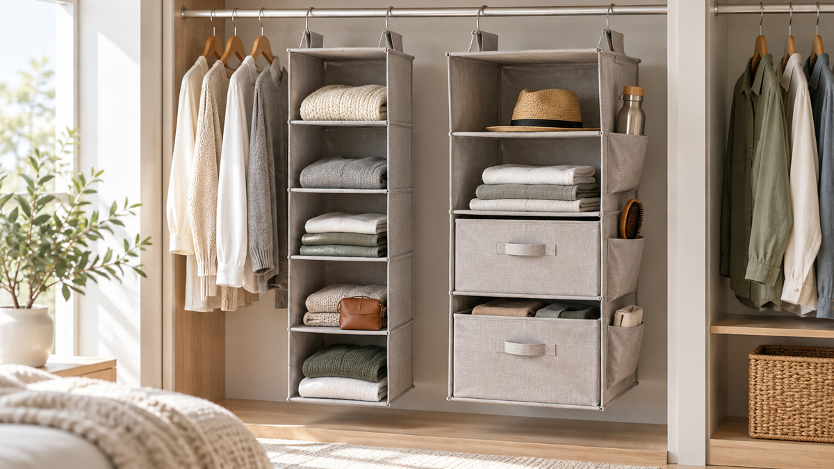 Two generic fabric hanging closet organizers compared in a tidy wardrobe.