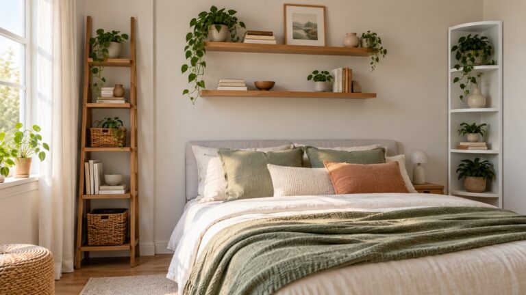 Space-saving ladder floating and corner shelves in a calm compact bedroom.