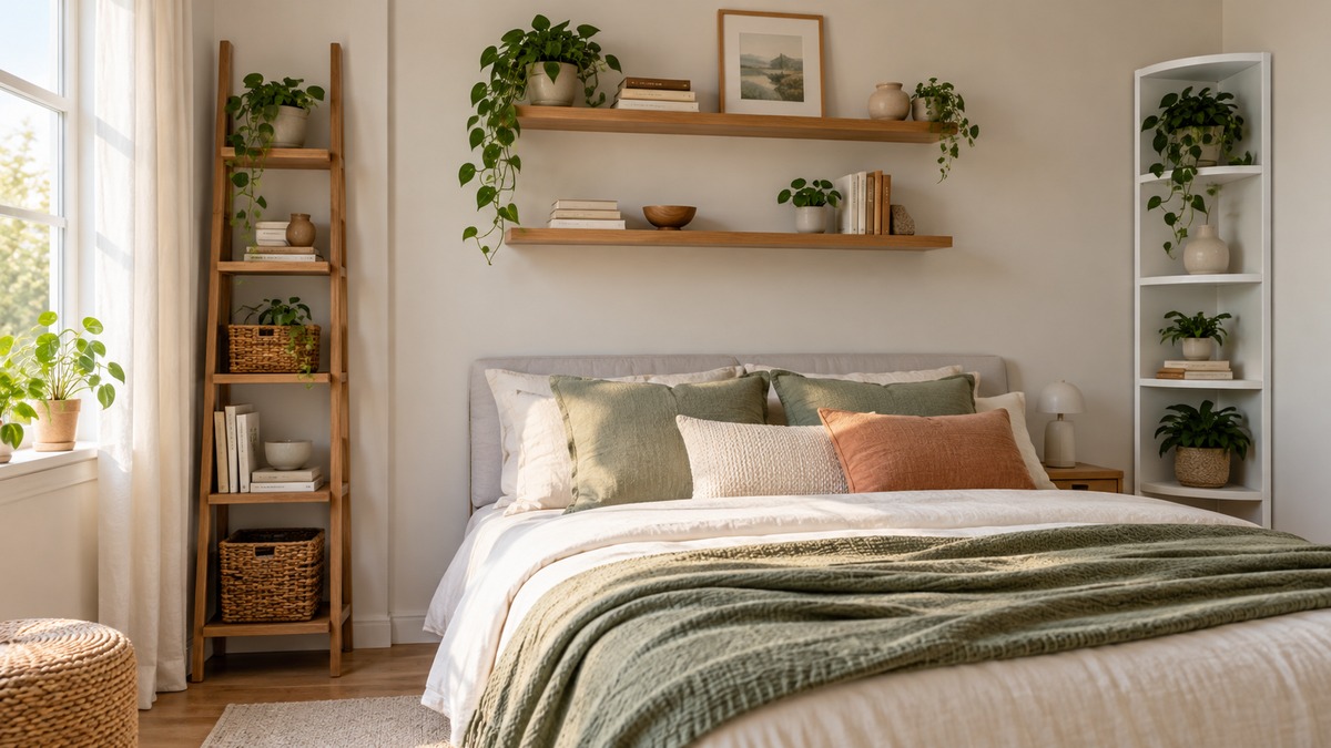 Space-saving ladder floating and corner shelves in a calm compact bedroom.