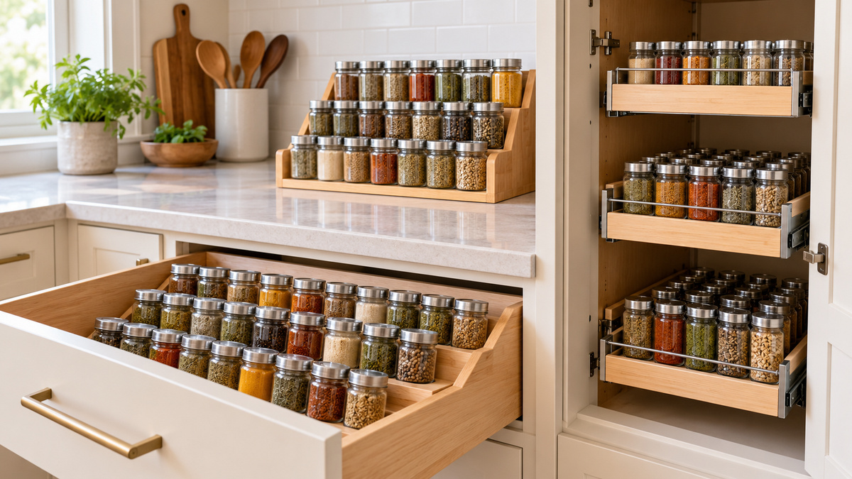 Tiered spice drawers and pull-out cabinet shelves organize plain spice jars.