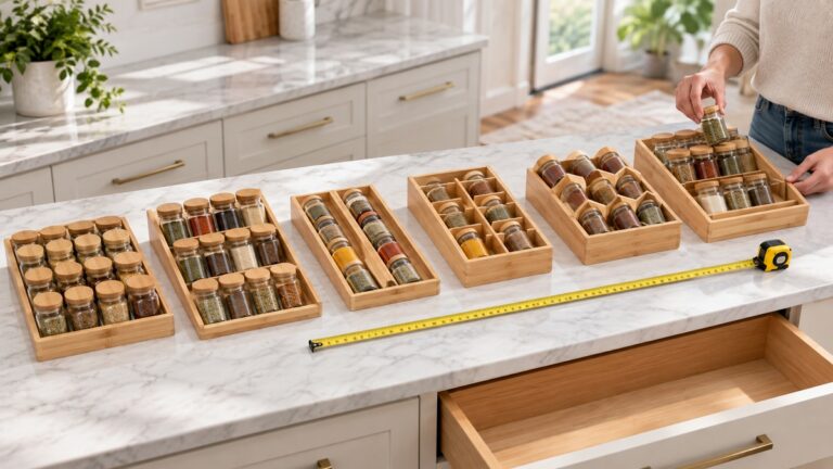 Six organizer formats shown beside a measuring tape in a clean cabinet-planning scene.