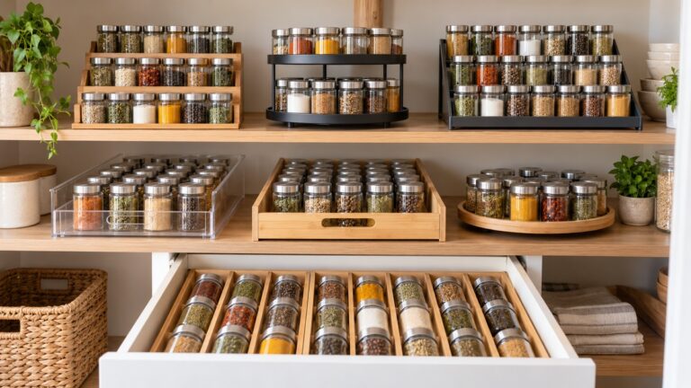Tiered racks, trays, drawers and turntables organize blank spice jars in a bright pantry.