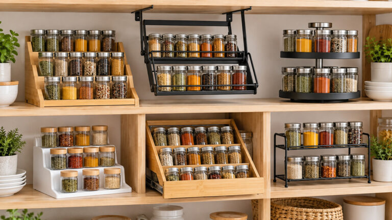 Six spice organizer styles arranged for comparison on bright pantry shelving.