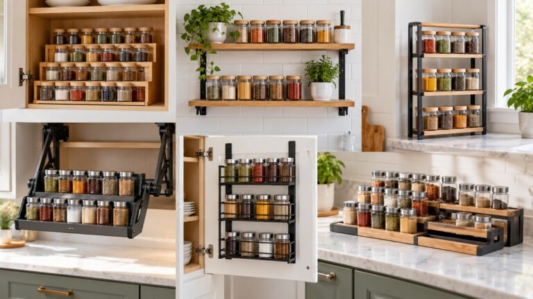 Six kitchen spice shelf solutions are displayed with plain jars in a bright kitchen.