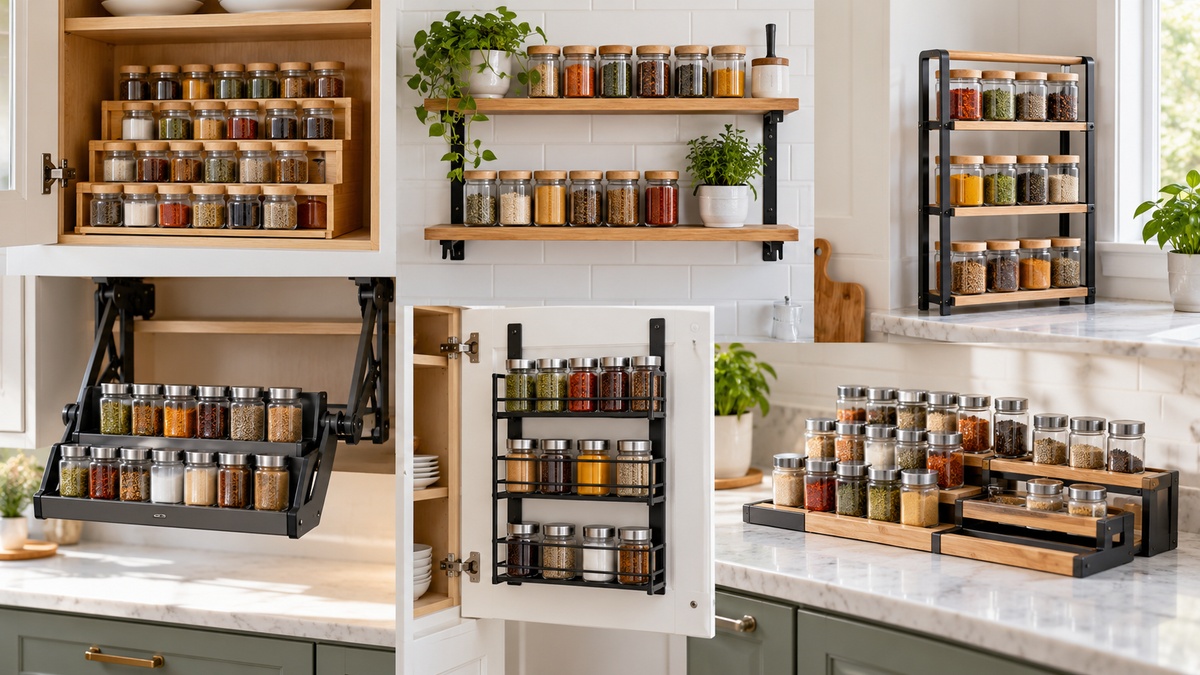 Six kitchen spice shelf solutions are displayed with plain jars in a bright kitchen.