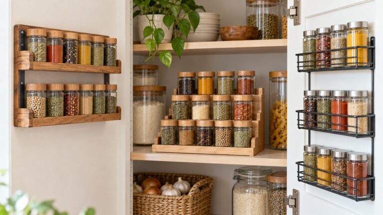 Unlabeled spice jars are organized on several shelf styles in a bright pantry.