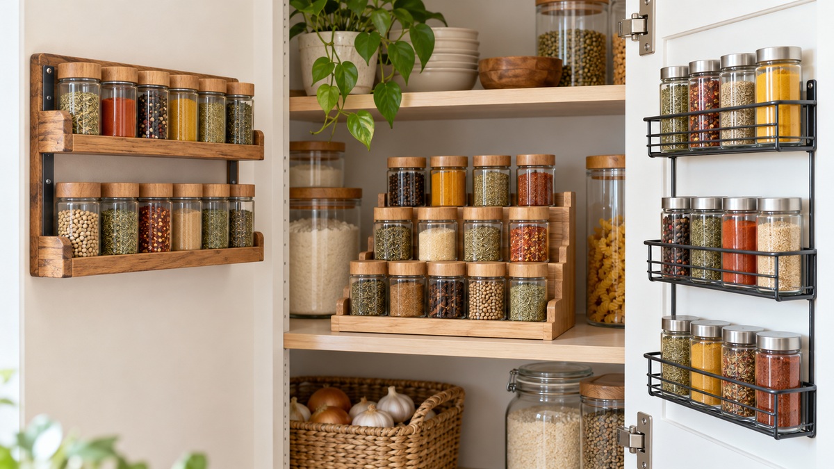 Unlabeled spice jars are organized on several shelf styles in a bright pantry.