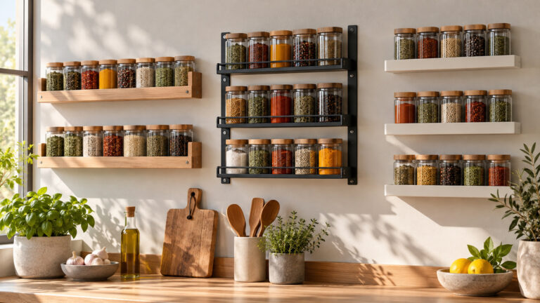 Wood, metal, and white wall-mounted spice shelves compared in a sunlit kitchen.