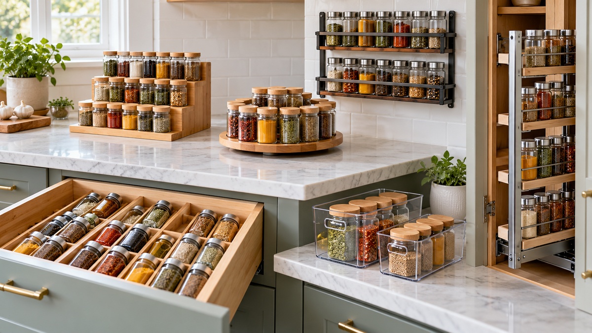 Six spice storage systems are compared in a bright modern kitchen.