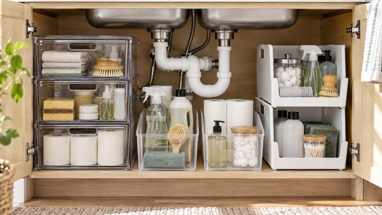 Clear drawers and handled stackable bins organized around under-sink plumbing.