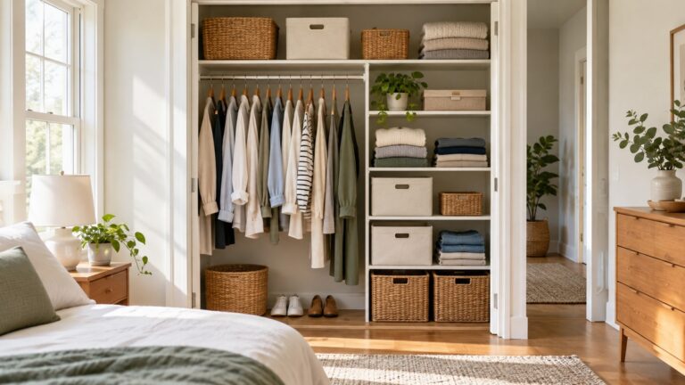 A reach-in closet opening with hangers and shelves showing how depth affects storage fit.