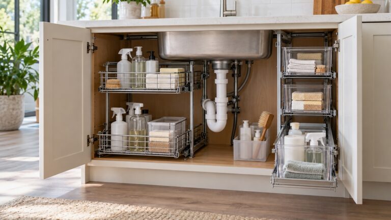Pull-out storage drawers organize supplies around plumbing beneath a kitchen sink.