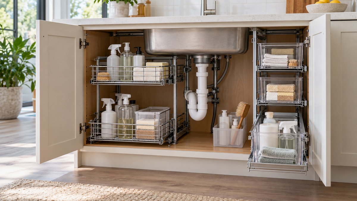 Pull-out storage drawers organize supplies around plumbing beneath a kitchen sink.