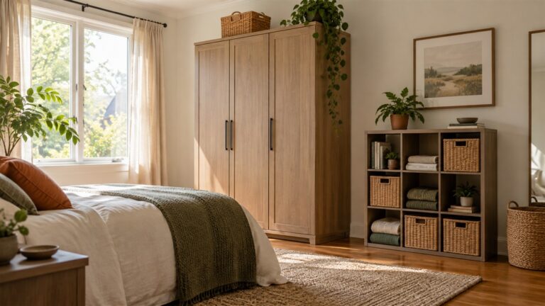 A freestanding wardrobe and cube organizer provide storage in a bright bedroom.