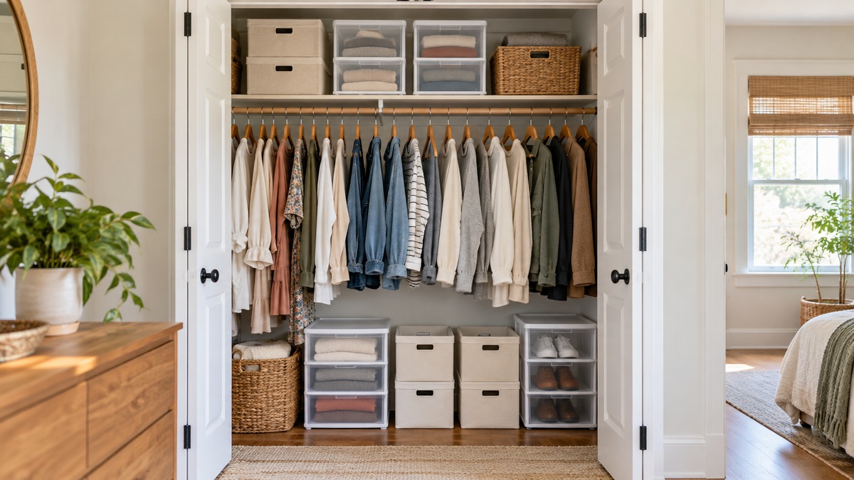 A reach-in closet with labeled bins and stackable organizers neatly arranged on the high top shelf.