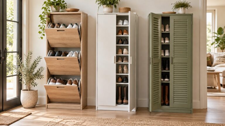 Three generic tall narrow shoe cabinets with different door and storage configurations.