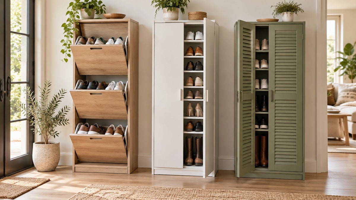 Three generic tall narrow shoe cabinets with different door and storage configurations.