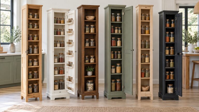 Six tall spice cabinets with varied finishes display unlabeled jars in a bright kitchen.