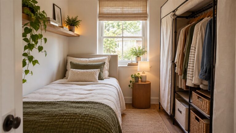 A small walk-in closet set up as a compact bedroom with a twin bed and freestanding portable wardrobe for clothes storage.