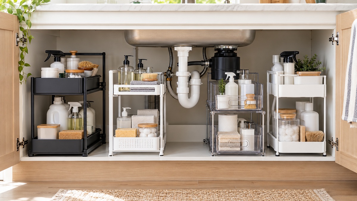 Several two-tier under-sink organizers are arranged around plumbing in a bright kitchen cabinet.
