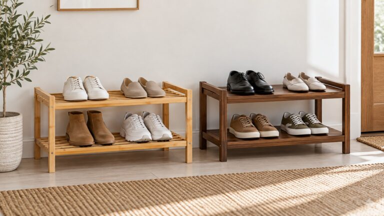 Light bamboo and dark wood two-tier shoe racks compared in a minimalist entryway.