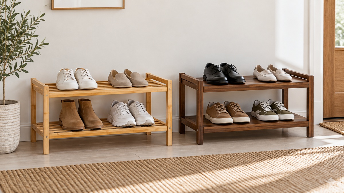 Light bamboo and dark wood two-tier shoe racks compared in a minimalist entryway.
