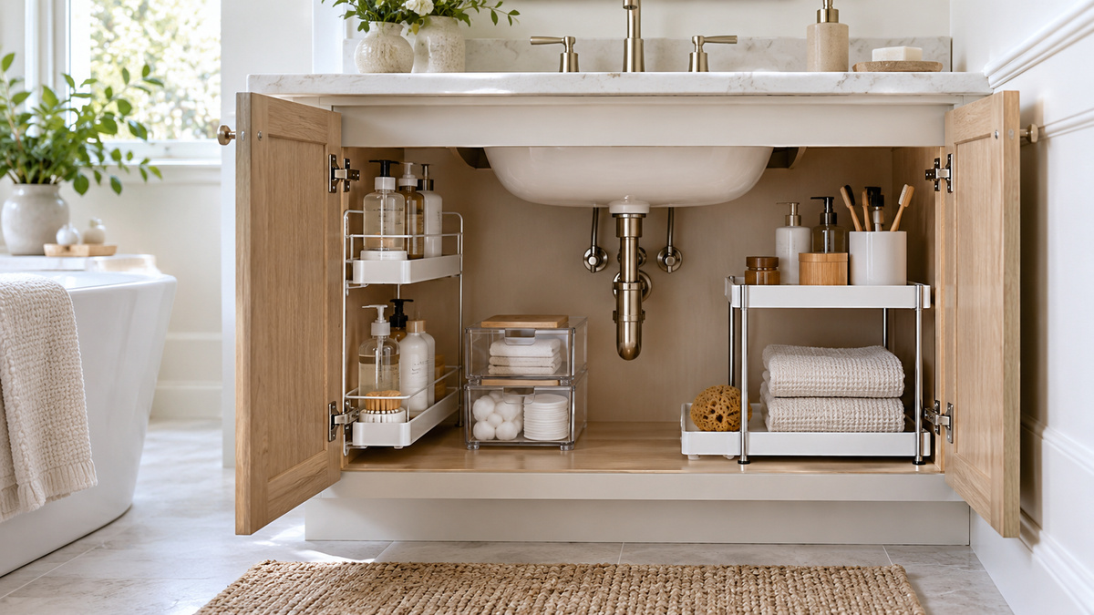 Organized under-sink bathroom shelving fills a bright open vanity cabinet.