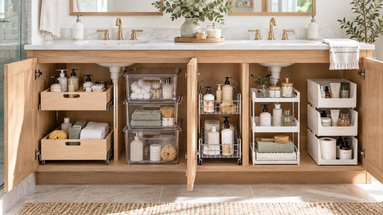Six under-counter bathroom organizer styles neatly arranged inside a bright open vanity.