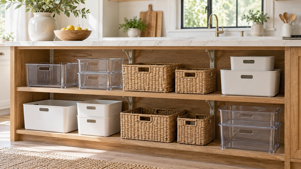 Several storage bins sit on open shelves beneath a kitchen counter.
