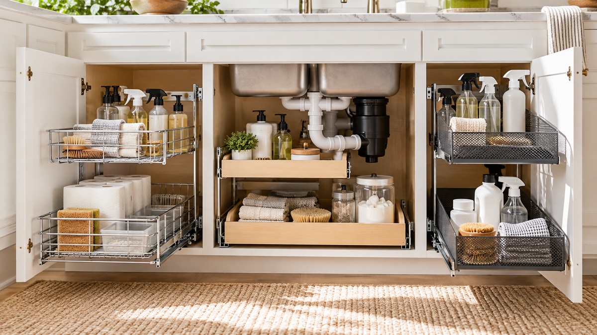 Pull-out organizers neatly installed around under-sink plumbing.